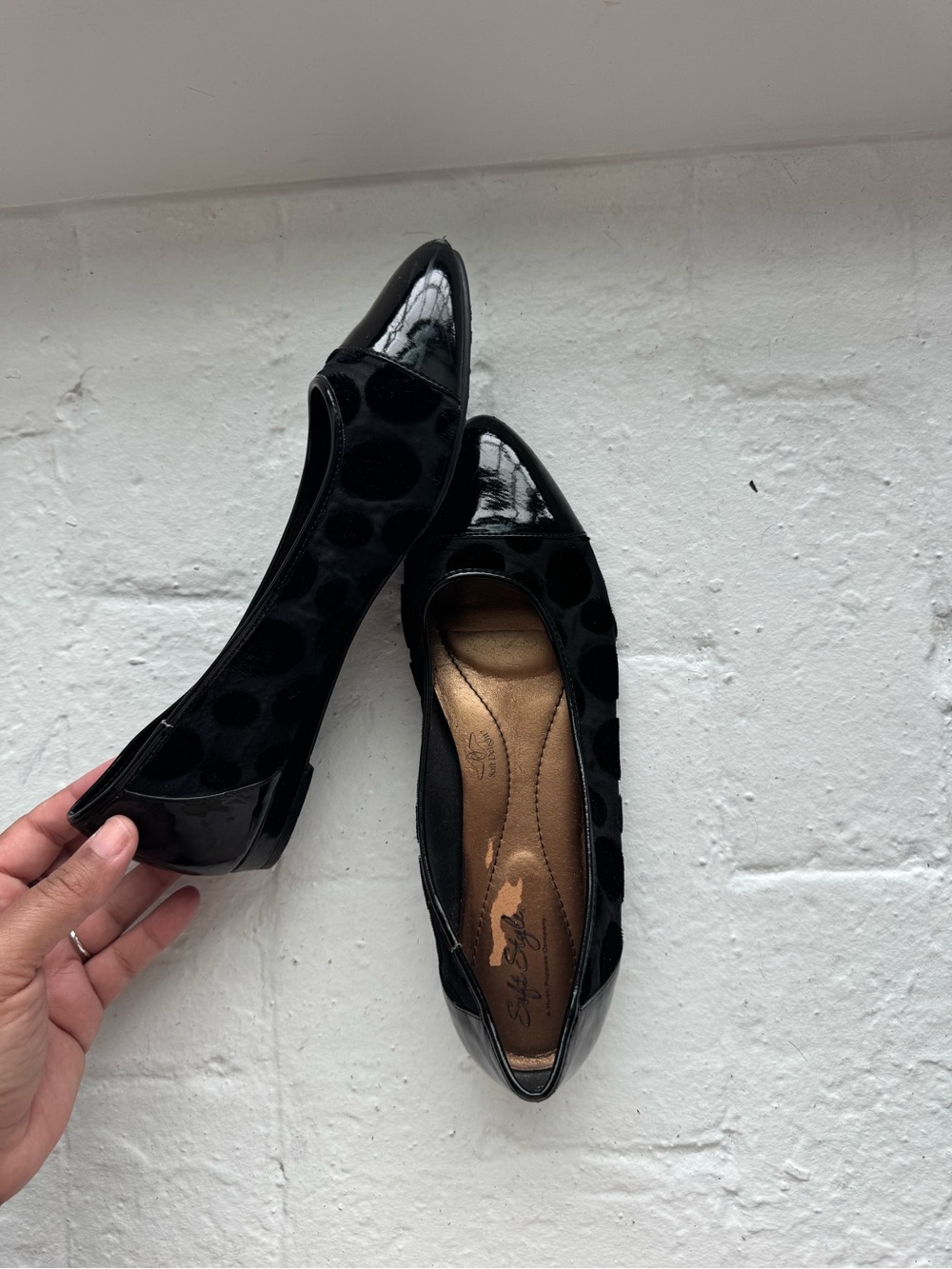 Soft Style Black Polka Dot Patent Trim Ballet Flats - Women